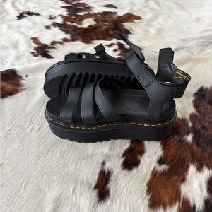 Dr. Martens Black Leather Platform Sandals with Yellow Stitching